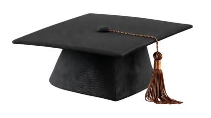 Isolated black graduation cap with golden tassel in high resolution png style, clean transparent background feel and crisp cutout ideal for education designs, graduation invitations, stickers, posters