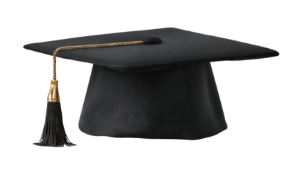 Isolated black graduation cap with golden tassel in high resolution png style, clean transparent background feel and crisp cutout ideal for education designs, graduation invitations, stickers, posters