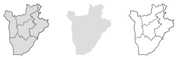 Burundi map showing regional boundaries and country outline presented in three clean styles. Useful for geography, cartography, location reference, education, government projects.