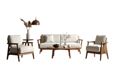 Cozy living room setup with a sofa, armchairs, and coffee table (1)