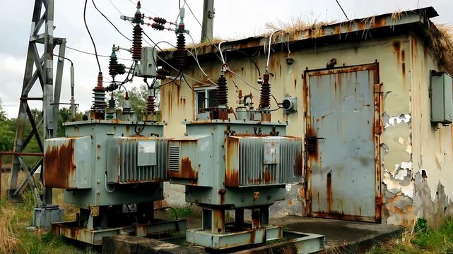 Rusty Industrial Substation Scene With Rusted Transformers.
