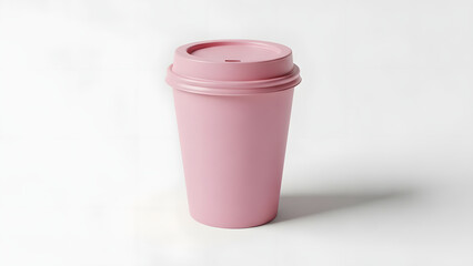 Pink disposable coffee cup with lid on white background