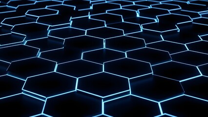 Abstract background with glowing blue hexagonal grid pattern on a dark surface, creating a futuristic and technological visual.