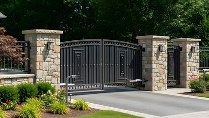 Fototapeta premium A grand black metal entrance gate with decorative patterns, flanked by tall stone pillars, leading to a paved driveway surrounded by lush green landscaping and trees.