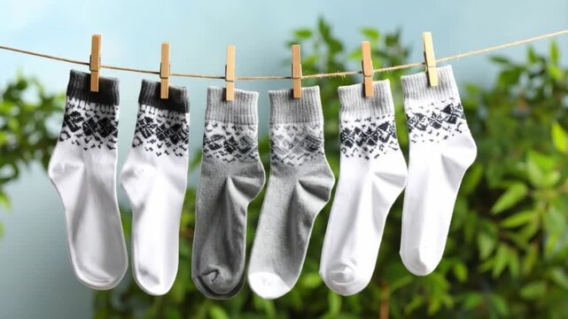 Clean socks hanging on a clothesline with greenery background
