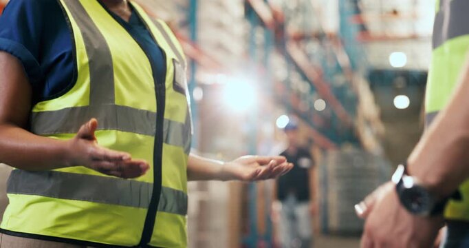 People, logistics and supply chain with handshake in warehouse for distribution service. Closeup, colleagues or distributor shaking hands with coworker for partnership, stock control or storage depot