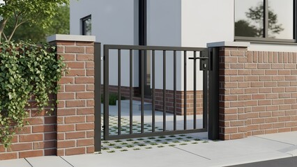 Modern black metal gate installed between brick pillars with an ivy-covered wall and a contemporary white building in the background.