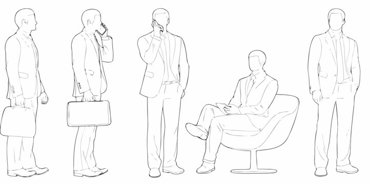 Line art illustration of men in suits some with phones and briefcases