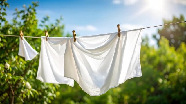 Clean white laundry hanging on a clothesline outdoors in sunny conditions