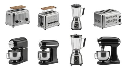 Collection of kitchen appliances featuring toasters blenders and stand mixers