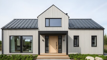 Modern farmhouse style home with light siding and dark metal roof.
