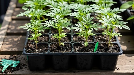 Close-up view of young green plant seedlings growing in a black plastic tray on a wooden surface under natural light.