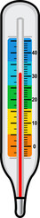 Vertical thermometer illustration with Celsius scale and color zones, ideal for concepts of temperature measurement, weather conditions, climate change, health, or laboratory monitoring.