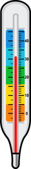 Vertical thermometer illustration with Celsius scale and color zones, ideal for concepts of temperature measurement, weather conditions, climate change, health, or laboratory monitoring.
