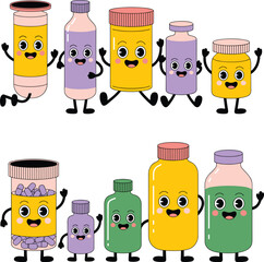 Cute medicine bottle characters with happy faces for pharmaceutical healthcare marketing colorful cartoon pill containers illustration for pediatric medical education and pharmacy web design