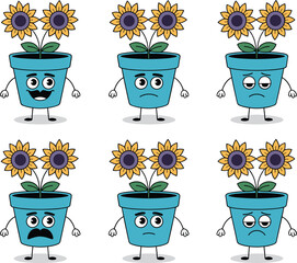 Cute cartoon sunflower character set with different facial expressions and emotions in blue flower pots for gardening education and mental health awareness mascot design creative botanical icons