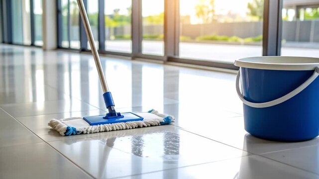 Cleaning supplies mop and bucket on shiny floor in modern interior