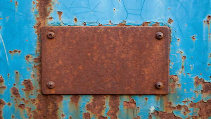 Rusty metal plate on weathered surface