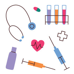 Flat cartoon vector illustration set of medical doodle icons with syringes, test tubes, stethoscope, medicine jar, capsule and heartbeat heart, simple healthcare theme, clean friendly style