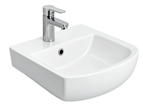 White, corner-mounted ceramic sink with chrome faucet