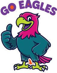 Eagle mascot character showing thumbs up gesture for sports team branding and school spirit illustration with go eagles text on orange background for athletic marketing and fan club merchandise