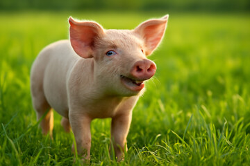 AI generated playful pig in vibrant green field with sunlight casting soft highlights on fur and lush grass around. Captures the innocence and joy of farm life with natural light and serene mood.
