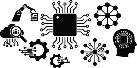 Artificial intelligence technology icons set, AI chip, robotics, neural network, automation, data science, machine learning, digital innovation illustration