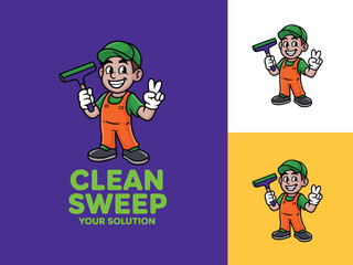 Cartoon window cleaner mascot character holding squeegee tool wearing orange overalls and green cap for commercial cleaning service logo brand identity professional janitorial housekeeping concept