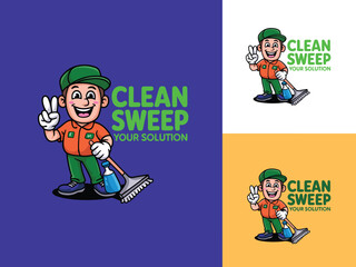 Cartoon janitor character mascot logo holding broom and spray bottle for commercial cleaning service company branding professional housekeeping maintenance worker illustration for marketing