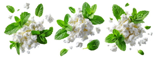 Fresh cottage cheese with green mint leaves, isolated on white background, concept of healthy food and freshness