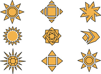 Geometric sun icon set, abstract solar symbols, vector collection, minimal yellow shapes, isolated on white background, for modern design branding