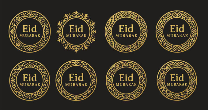 Premium Gold Eid Mubarak Ornamental Labels and Arabic Style Mandala Calligraphy Badge Collection