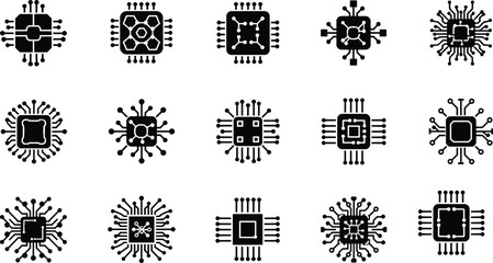 Black microchip and processor icon collection with abstract circuit designs, modern technology symbol illustration set isolated on white background