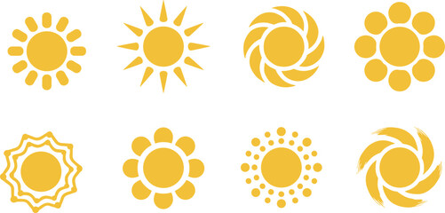 Sun icons collection, yellow solar symbols set, modern sunshine logos, weather energy graphics, minimal flat design vector illustration pack