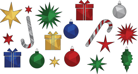 Colorful Christmas decoration icon collection with gifts, stars, candy canes, and ornaments, festive holiday illustration set isolated on white background