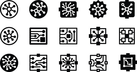 Abstract technology circuit and microchip icon collection with digital network symbols, modern electronic illustration set isolated on white background