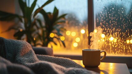 Cozy Comfort Steaming Mug on a Rainy Day