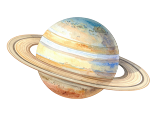 Watercolor painting of a ringed planet floating in space