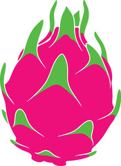 Bright pink dragon fruit vector illustration, tropical exotic pitaya with green scales, flat minimal fruit design isolated on white background