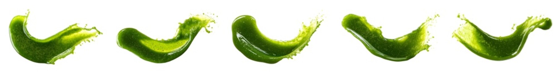 Set of green juice splashes, isolated on transparent background