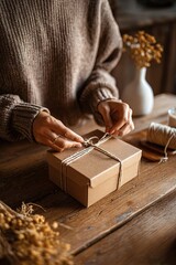 Cozy Hands Wrapping a Rustic Brown Gift with Twine
