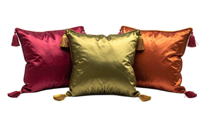 Three square cushions with tassels in varying jewel-toned colors