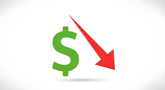 Declining financial value concept with green dollar sign and red downward arrow on white background, symbolizing economic downturn and financial loss