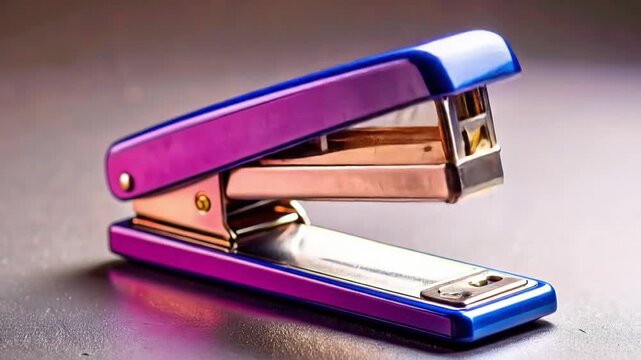 Close up of a blue and purple stapler on a reflective surface