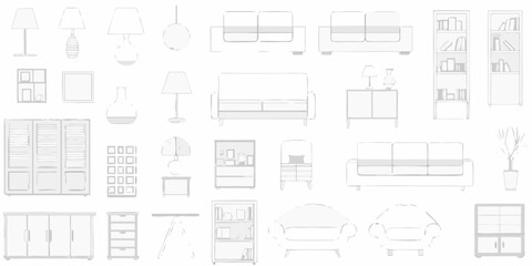 Line art illustration of various living room furniture and decor elements