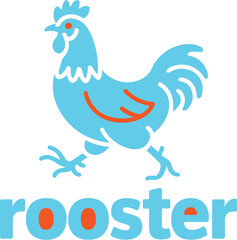 Minimalist rooster logo design with stylized blue poultry silhouette on vibrant orange background for modern farm branding organic food packaging agriculture identity and restaurant marketing