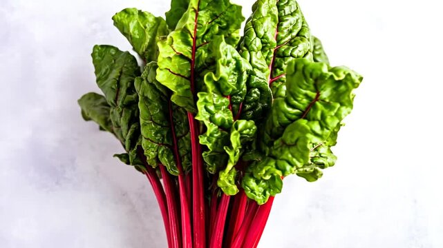 A vibrant bunch of leafy green and red-stemmed swiss chard against a soft, light-colored backdrop
