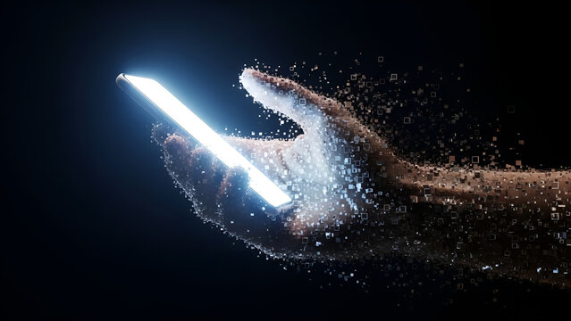 Glowing smartphone in a futuristic hand with digital pixels - Powered by Adobe
