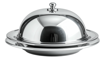 Gleaming stainless steel butter dish with a domed cover, shiny