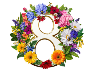 A floral number eight with various colorful blooms, on a black background